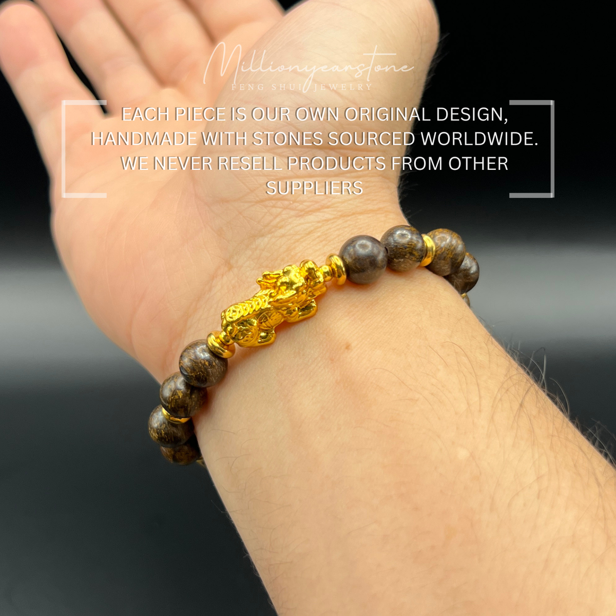 Pixiu bracelet - Petrified Wood & 24k Gold Filled Pixiu Charm | 8mm