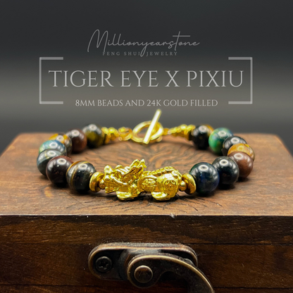 Pixiu bracelet – Multi-Color Tiger Eye 8mm & 24K Gold Filled Charm