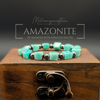 Amazonite Bracelet 7mm Square Beads | Hematite Spacers