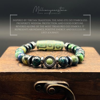 Tibetan Feng Shui bracele - Blue Green Tiger eye 8mm - Nine Eye Dzi charm