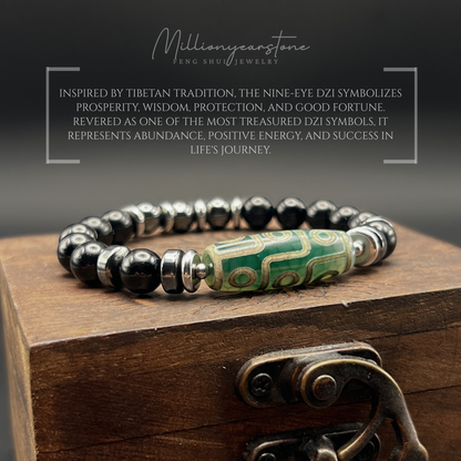 Feng Shui Tibetan bracelet - Nine-Eye Dzi charm, Black Obsidian 8mm