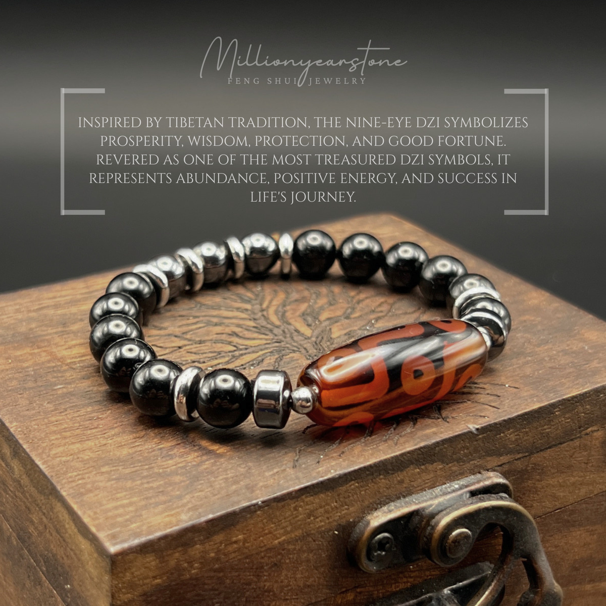 Feng Shui Tibetan bracelet - Fortune Guardian Nine-Eye Dzi charm, Black Obsidian 8mm