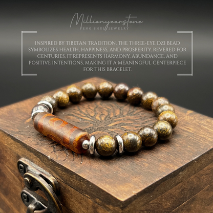 Tibetan Feng Shui bracelet - Petrified Wood 10mm with Three Eye Dzi charm