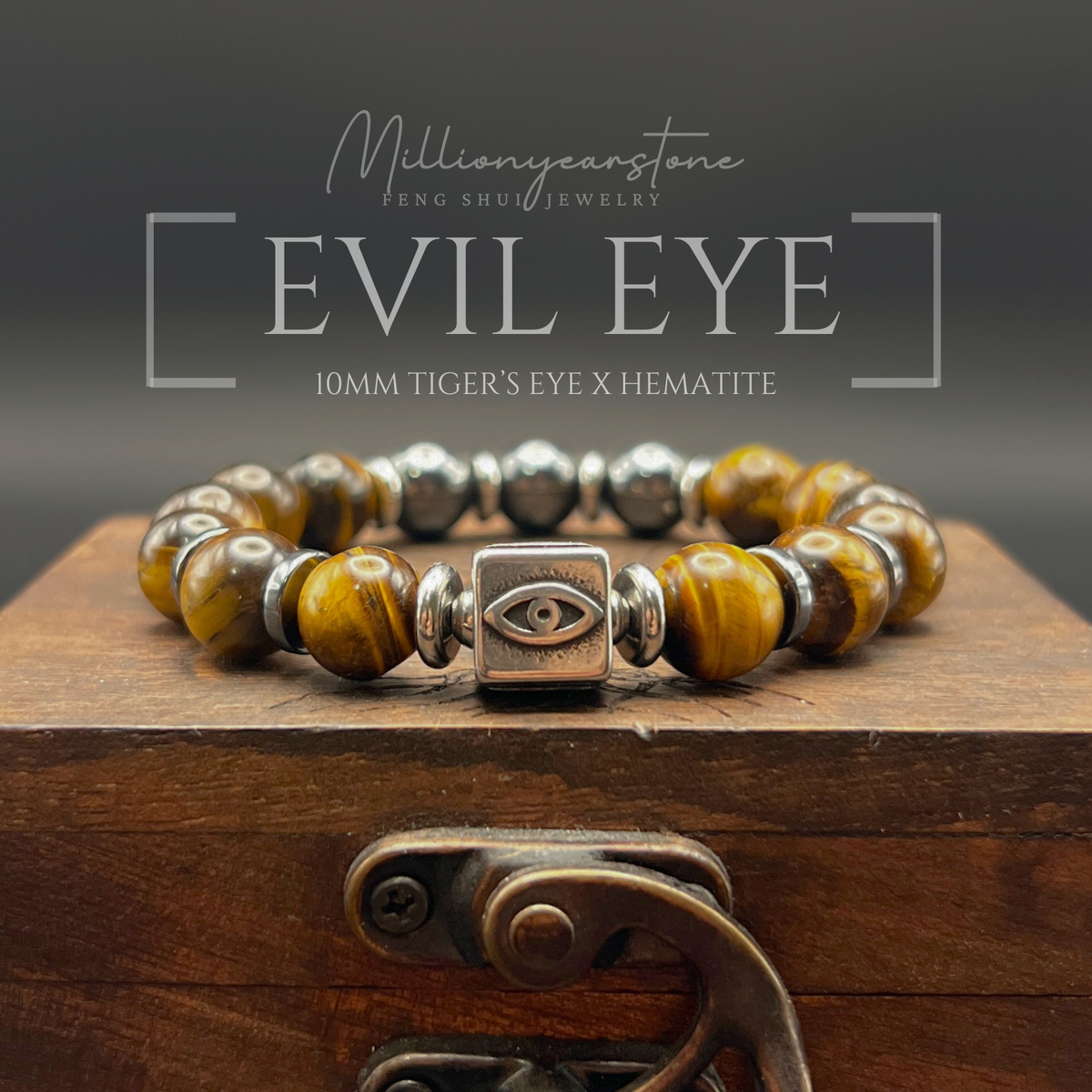 Evil Eye Guardian bracelet | Hematite & Tiger's eye | 10mm