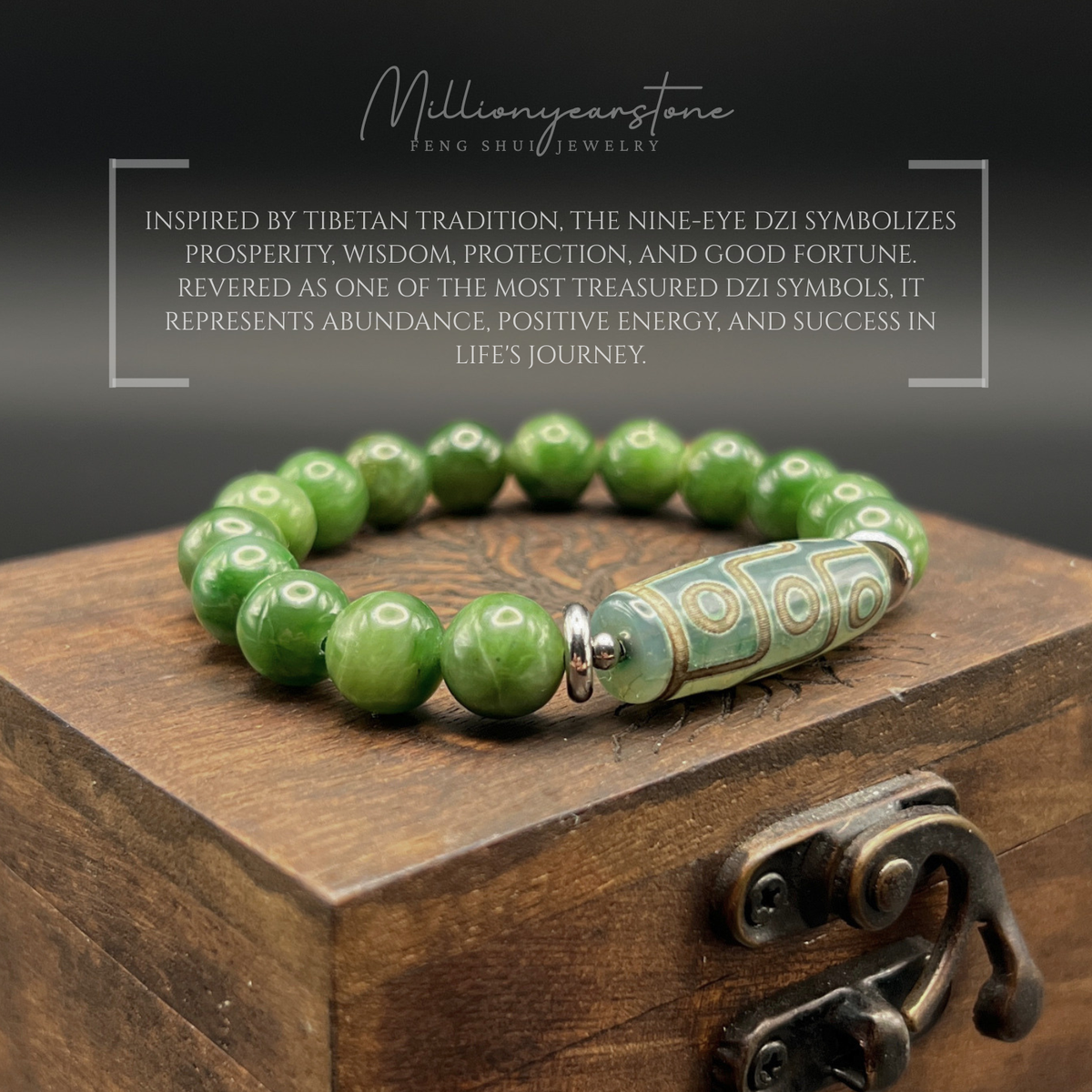 Tibetan Feng Shui bracelet - Nephrite Jade 9.5mm with Nine Eye Dzi charm