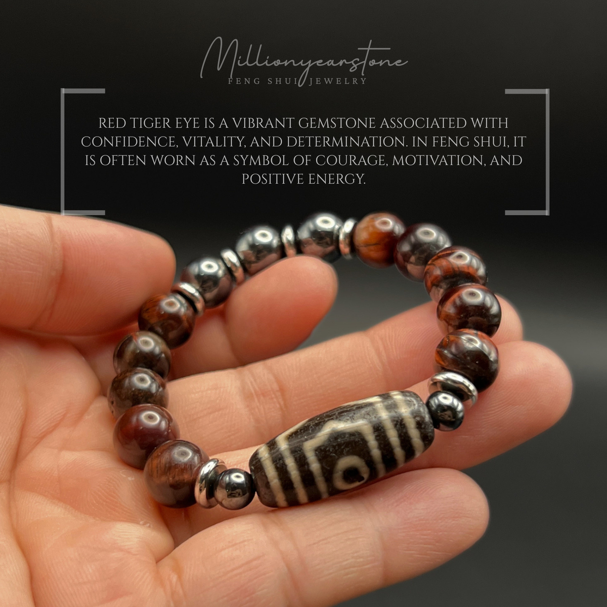Tibetan Feng shui bracelet - Red Tiger's eye 10mm with Three Eye Dzi charm