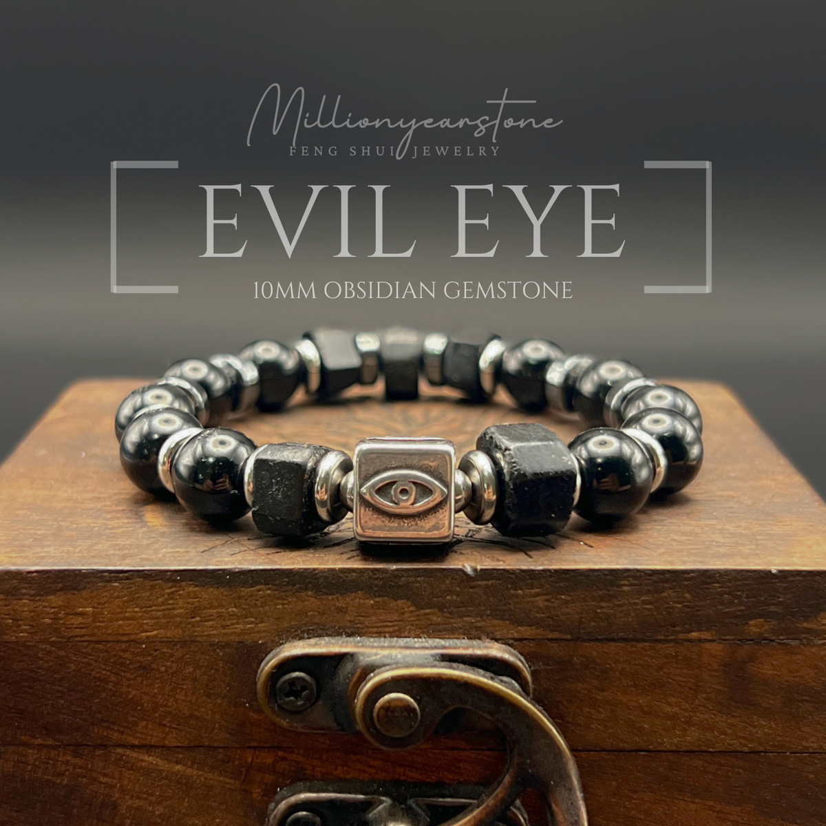 Evil Eye charm bracelet | Obsidian gemstone 10mm