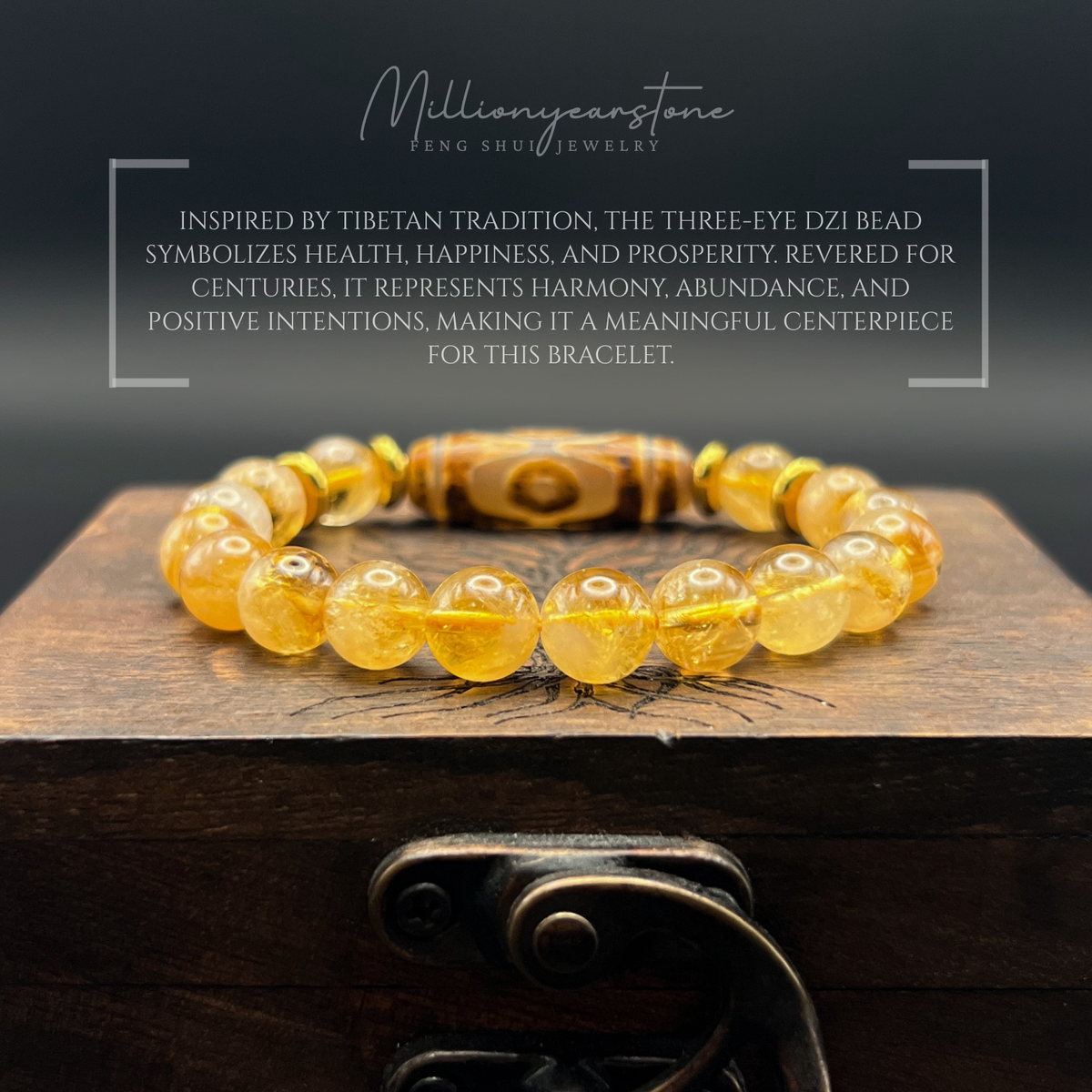 Tibetan Feng Shui bracelet - Citrine with Three Eye Dzi charm - 8mm