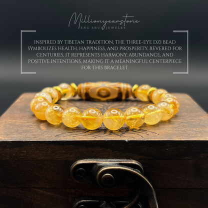Tibetan Feng Shui bracelet - Citrine with Three Eye Dzi charm - 8mm