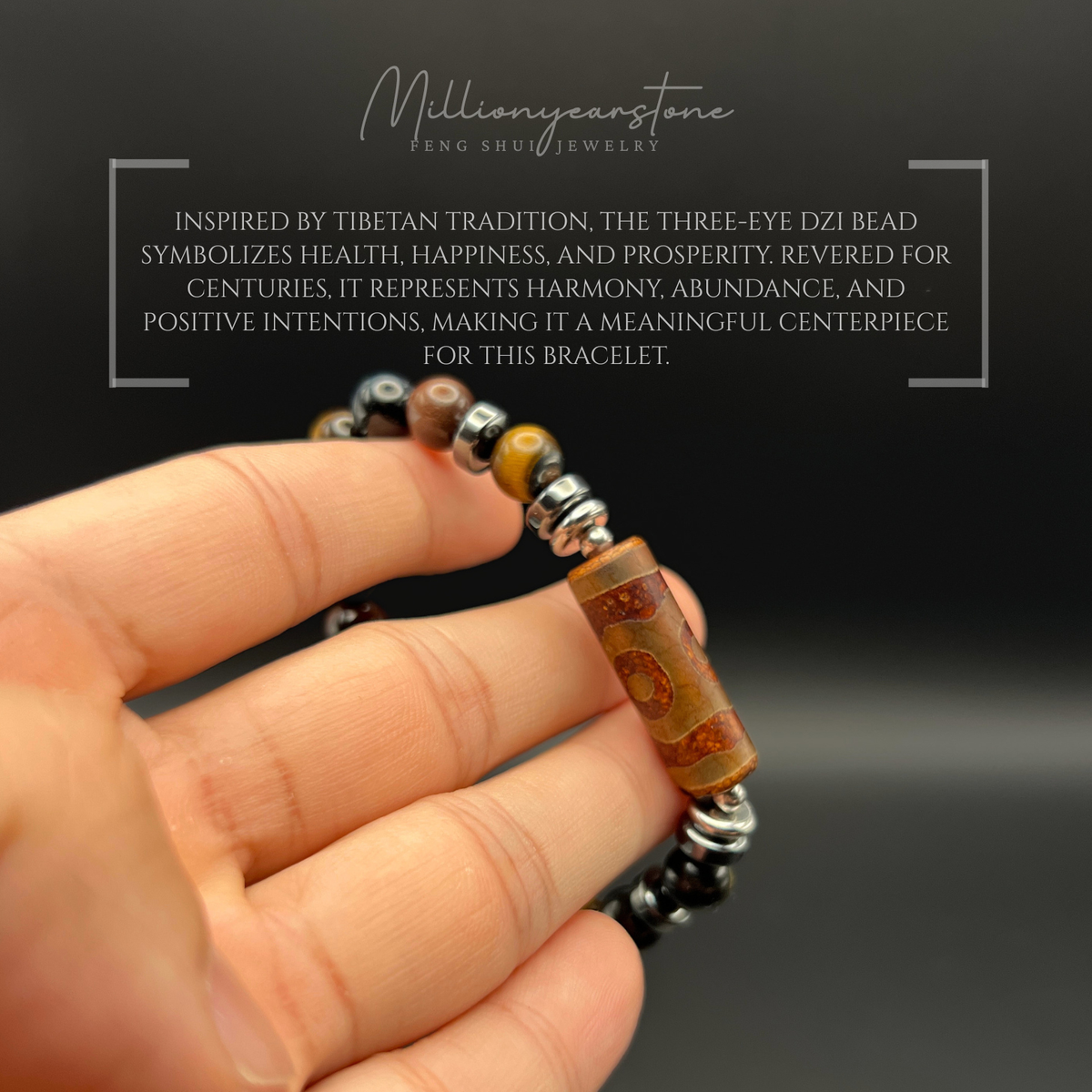 Tibetan Feng shui bracelet - Three-Eye Dzi charm , Multi Tiger Eye & Hematite 8mm