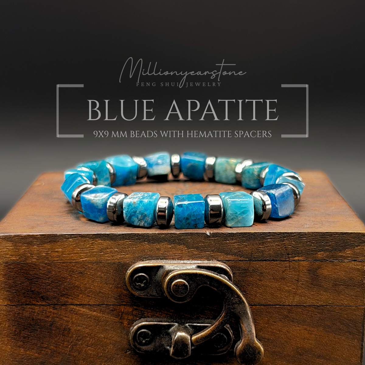 Blue Apatite Bracelet 9mm Square Beads | Hematite Spacers