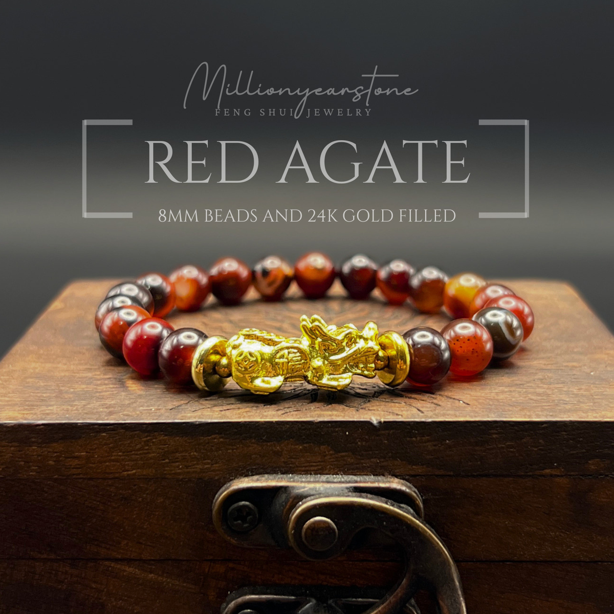 Pixiu bracelet - Red Agate 8mm & 24K Gold Filled charm