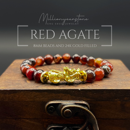 Pixiu bracelet - Red Agate 8mm & 24K Gold Filled charm