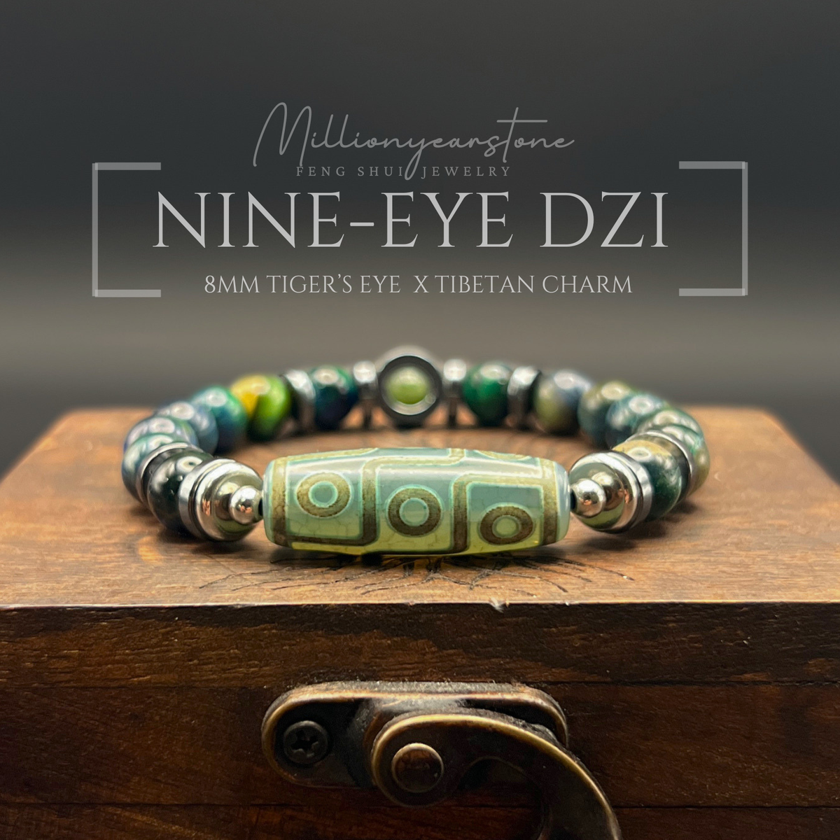 Tibetan Feng Shui bracele - Blue Green Tiger eye 8mm - Nine Eye Dzi charm