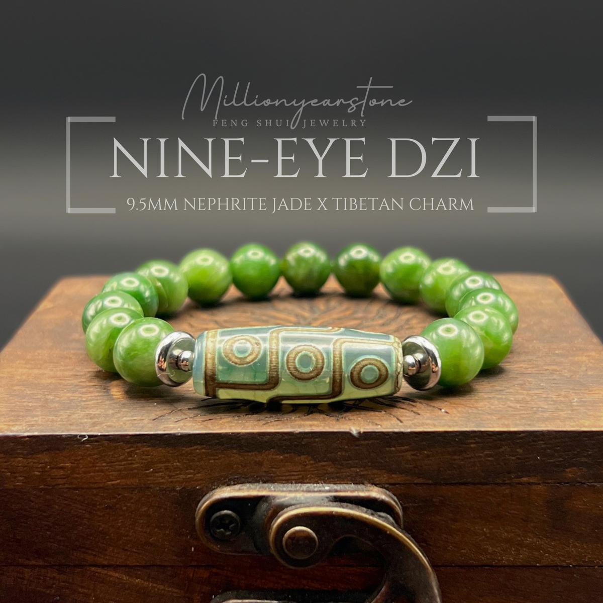Tibetan Feng Shui bracelet - Nephrite Jade 9.5mm with Nine Eye Dzi charm