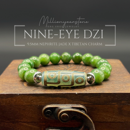 Tibetan Feng Shui bracelet - Nephrite Jade 9.5mm with Nine Eye Dzi charm
