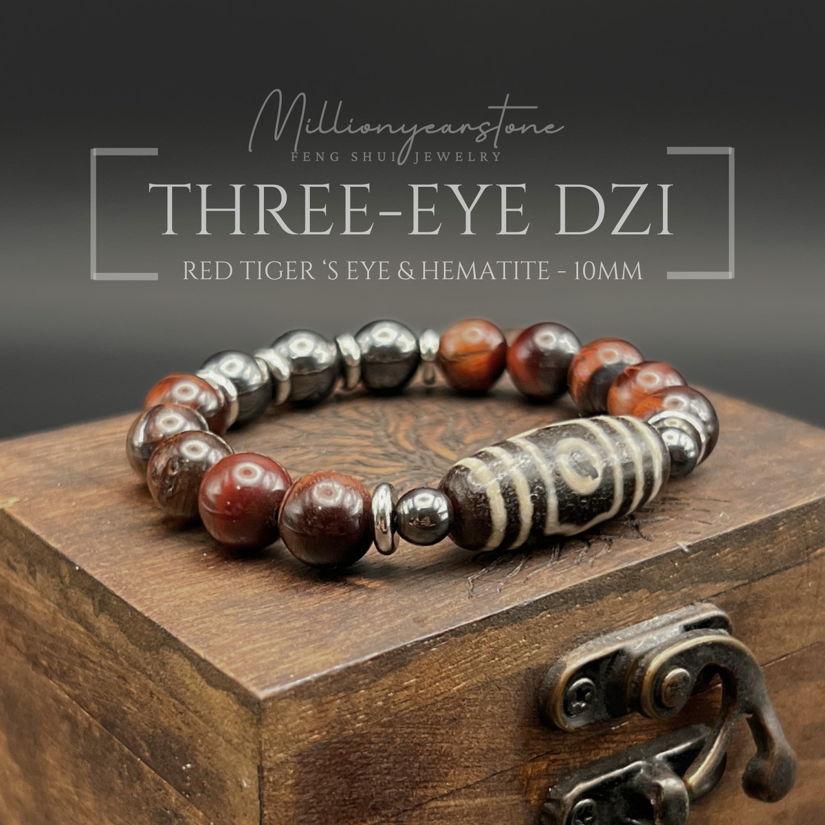 Tibetan Feng shui bracelet - Red Tiger's eye 10mm with Three Eye Dzi charm