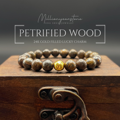 Petrified Wood & Luck gold bead charm | 8mm