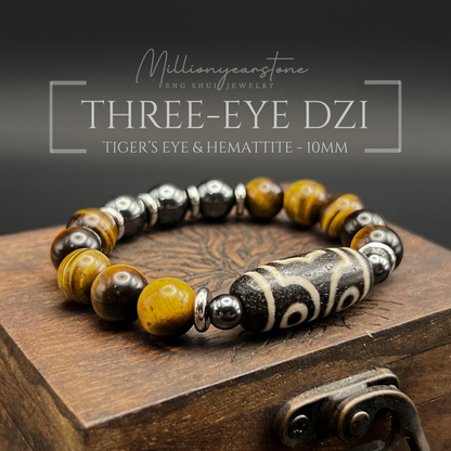 Tibetan Feng shui bracelet - Tiger's Eye 10mm with Three-Eye Dzi charm