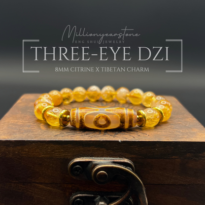 Tibetan Feng Shui bracelet - Citrine with Three Eye Dzi charm - 8mm