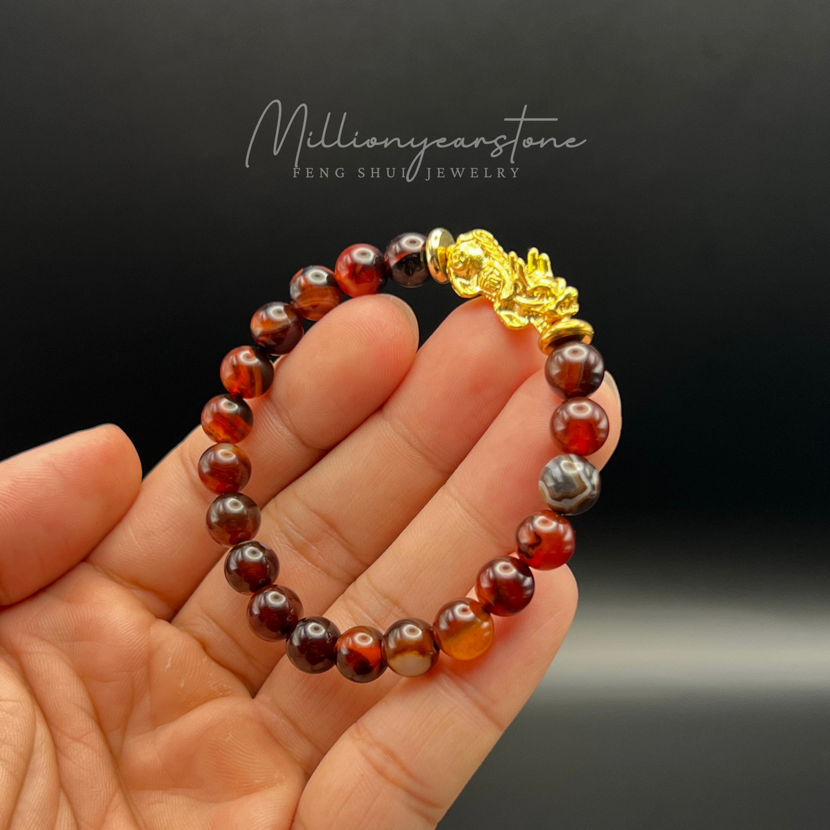 Pixiu bracelet - Red Agate 8mm & 24K Gold Filled charm