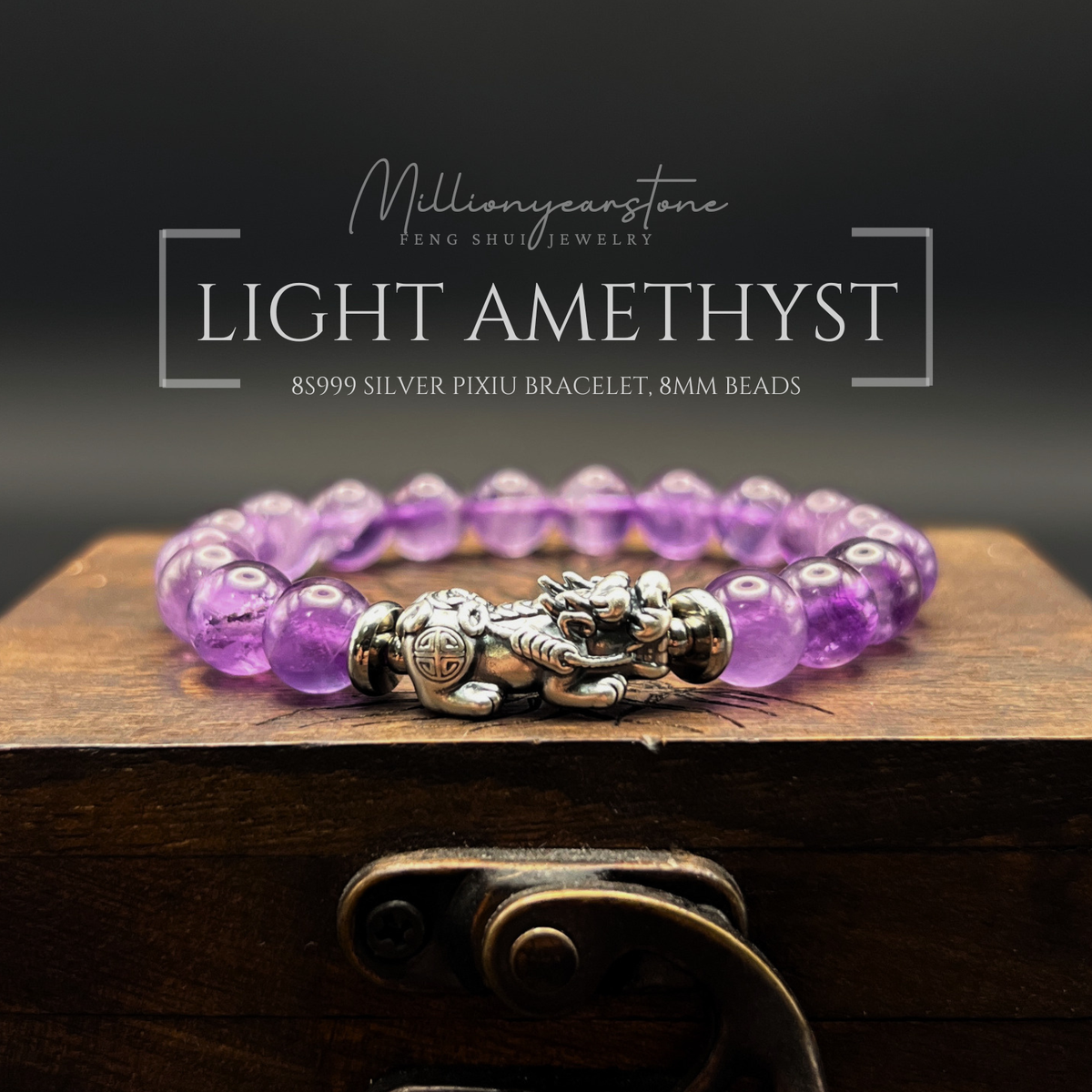 Light Amethyst Pixiu Bracelet, 8mm Natural Gemstone, S999 Silver Charm, Feng Shui Jewelry