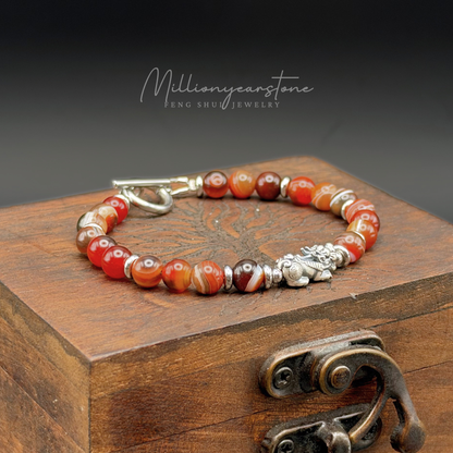 Pixiu Bracelet – 6mm Red Agate Beads, S925 Sterling Silver Pixiu