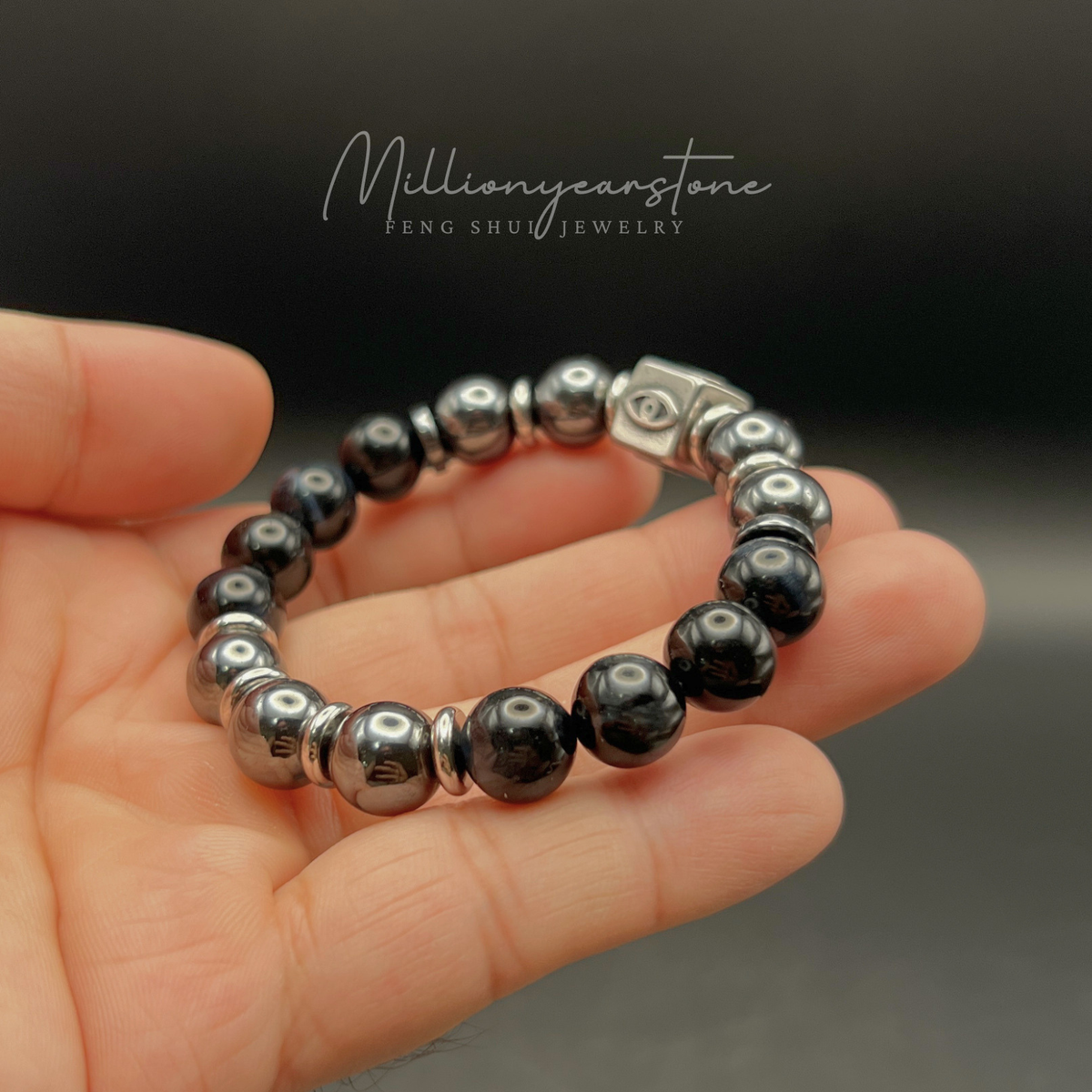 Evil Eye charm bracelet -  Hematite , Gray Tiger's eye 10mm