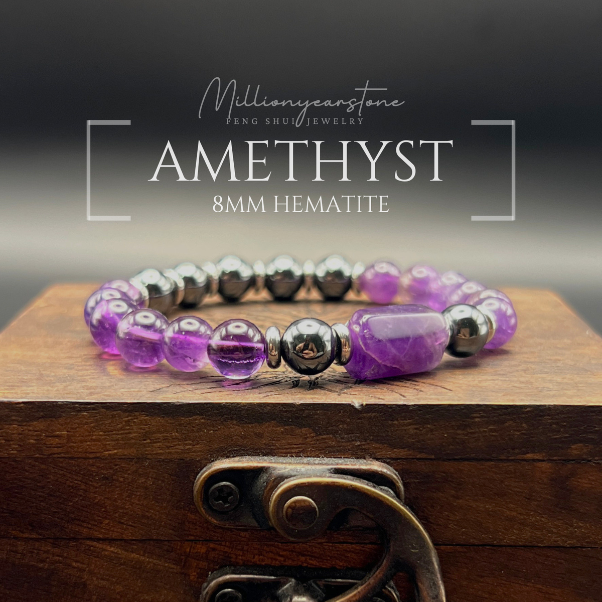 Amethyst & Hematite bracelet - 8mm gemstone beaded .