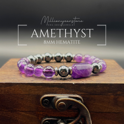 Amethyst & Hematite bracelet - 8mm gemstone beaded .