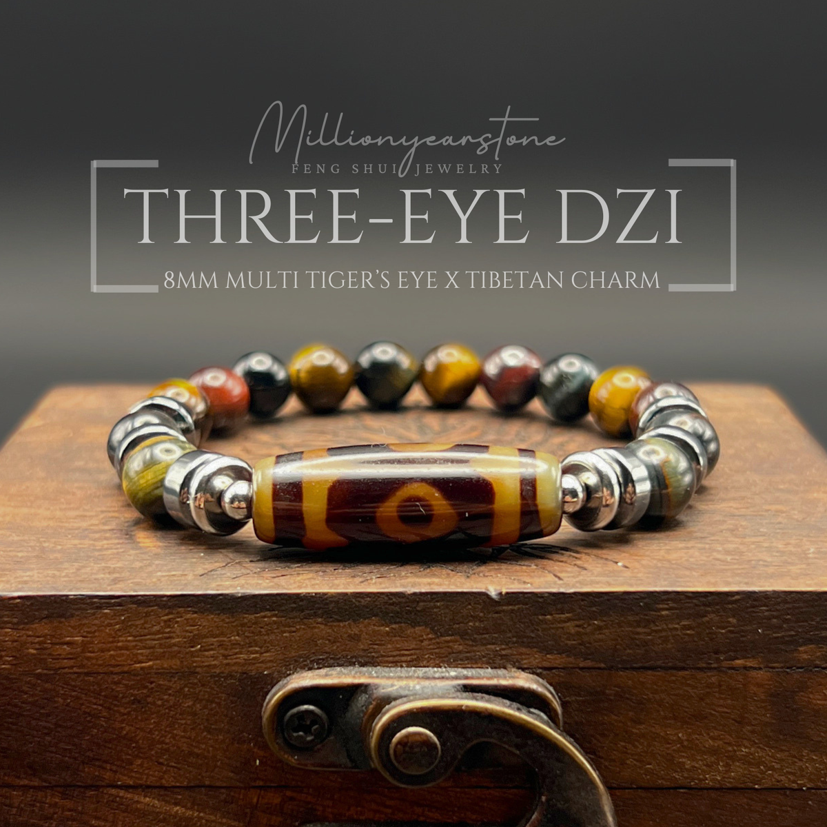 Tibetan Feng Shui bracelet - Multi Tiger's eye 8mm - Three Eye Dzi charm