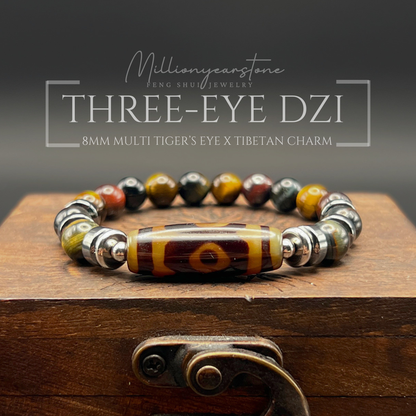 Tibetan Feng Shui bracelet - Multi Tiger's eye 8mm - Three Eye Dzi charm