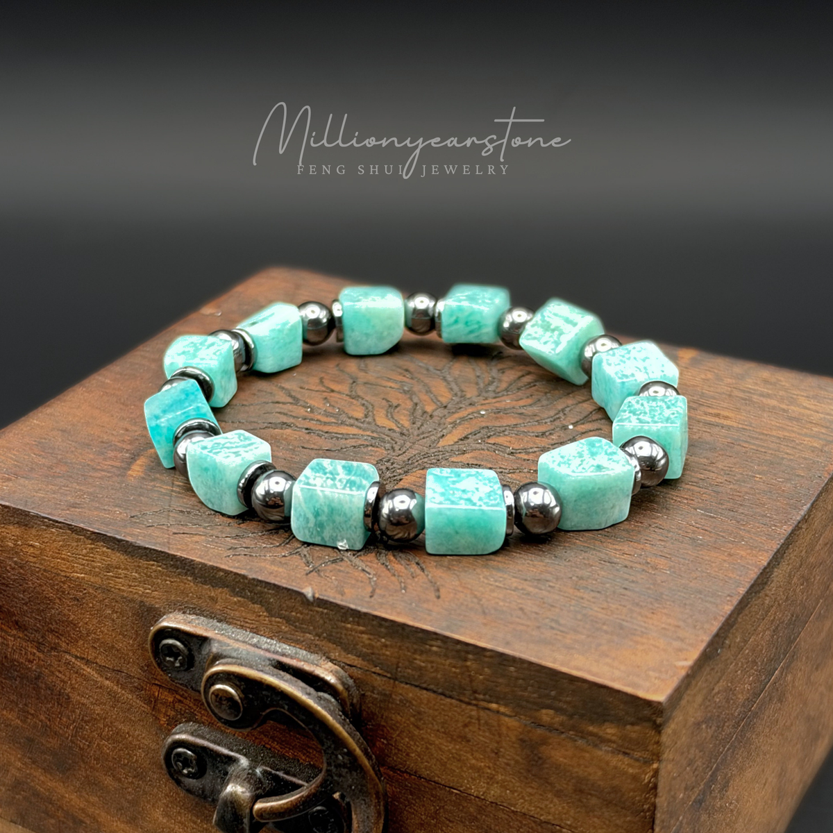 Amazonite Bracelet 7mm Square Beads | Hematite Spacers
