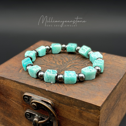 Amazonite Bracelet 7mm Square Beads | Hematite Spacers