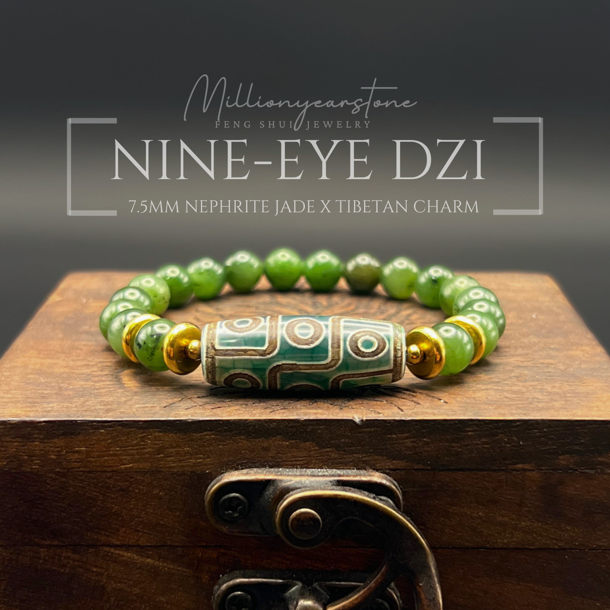 Tibetan Feng Shui bracelet - Nephrite Jade 7.5mm with Nine Eye Dzi charm