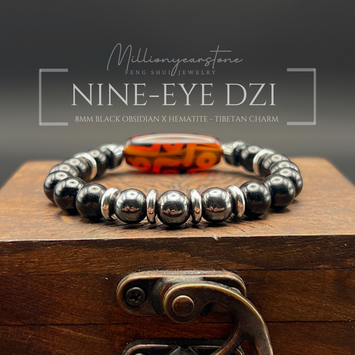 Feng Shui Tibetan bracelet - Fortune Guardian Nine-Eye Dzi charm, Black Obsidian 8mm