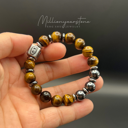 Evil Eye Guardian bracelet | Hematite & Tiger's eye | 10mm