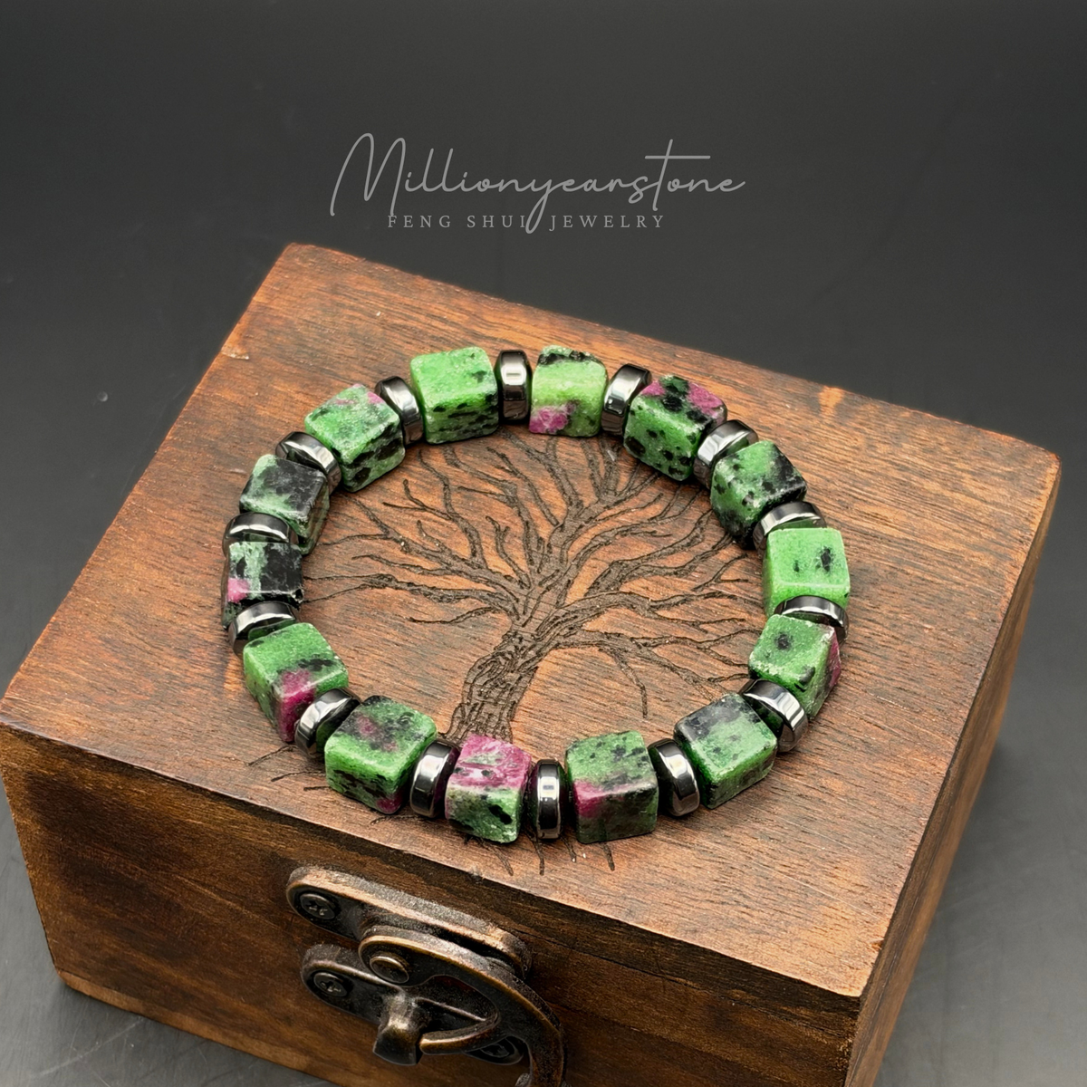 Ruby Zoisite Bracelet, 8x8mm Square Beads, Hematite Spacers