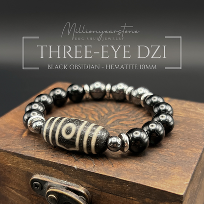 Tibetan Feng Shui bracelet - Black Obsidian 10mm with Three Eye Dzi charm