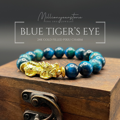 Pixiu bracelet - Blue Tiger's Eye & 24k gold filled Pixiu charm | 10mm