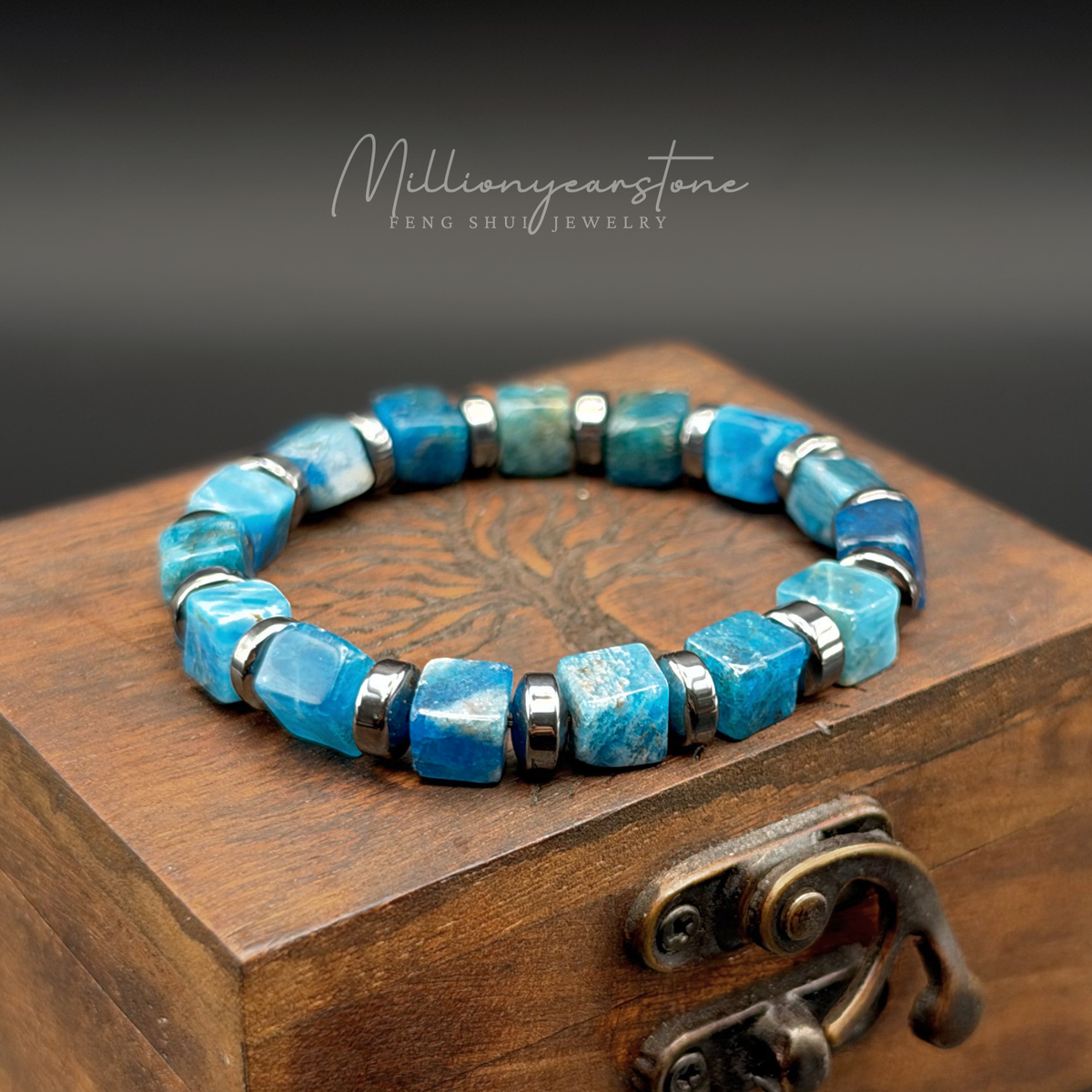 Blue Apatite Bracelet 9mm Square Beads | Hematite Spacers
