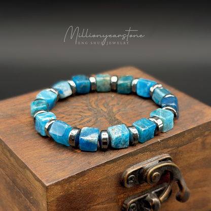 Blue Apatite Bracelet 9mm Square Beads | Hematite Spacers
