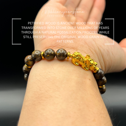 Pixiu bracelet - Petrified Wood & 24k Gold Filled Pixiu Charm | 8mm