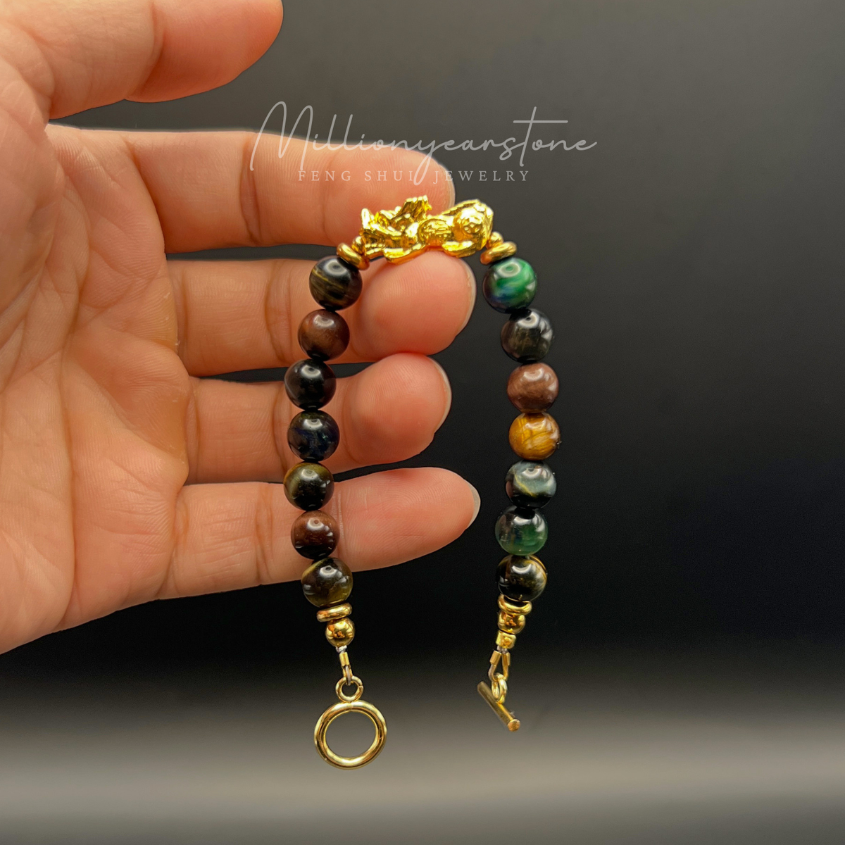Pixiu bracelet – Multi-Color Tiger Eye 8mm & 24K Gold Filled Charm