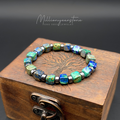 Azurite Bracelet 7x7mm Square Beads | Hematite Spacers