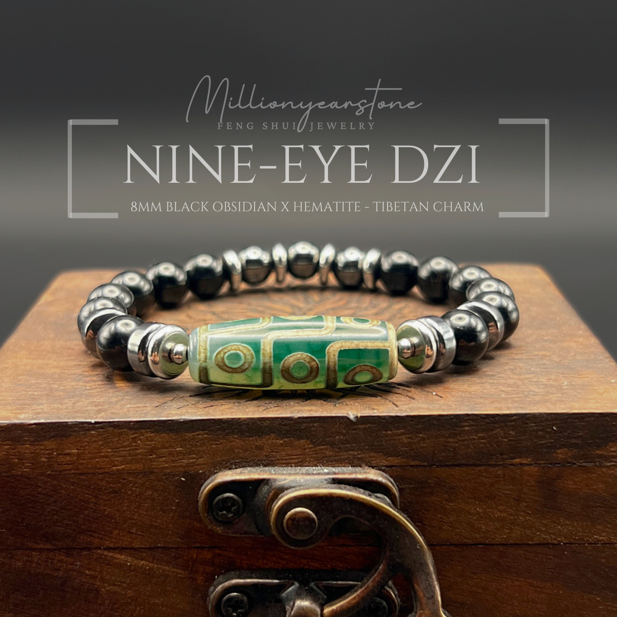Feng Shui Tibetan bracelet - Nine-Eye Dzi charm, Black Obsidian 8mm