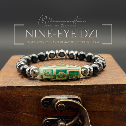 Feng Shui Tibetan bracelet - Nine-Eye Dzi charm, Black Obsidian 8mm