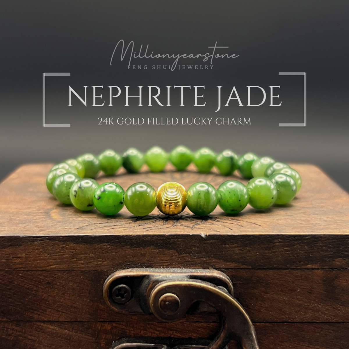 Nephrite Jade & Gold filled Lucky charm bracelet | 7.5mm
