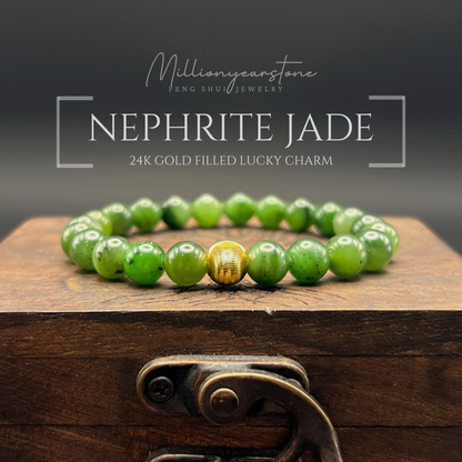 Nephrite Jade & Gold filled Lucky charm bracelet | 7.5mm