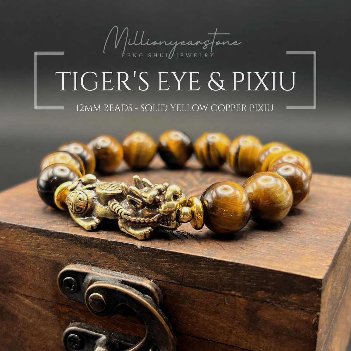Pixiu bracelet - Tiger' Eye 12mm x Yellow Copper charm